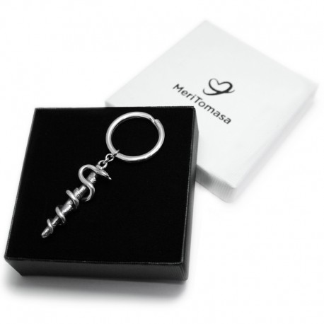 Rod of Asclepius Keychain in its Meritomasa packaging