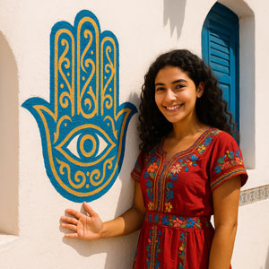 Joven tunecina frente a la fachada de su casa, con un Hamsa pintado sobre la pared