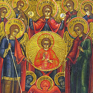Icono de la Iglesia Ortodoxa Rusa de la Asamblea del Arcángel Miguel. Temple sobre tabla, con la representación de los siete arcángeles